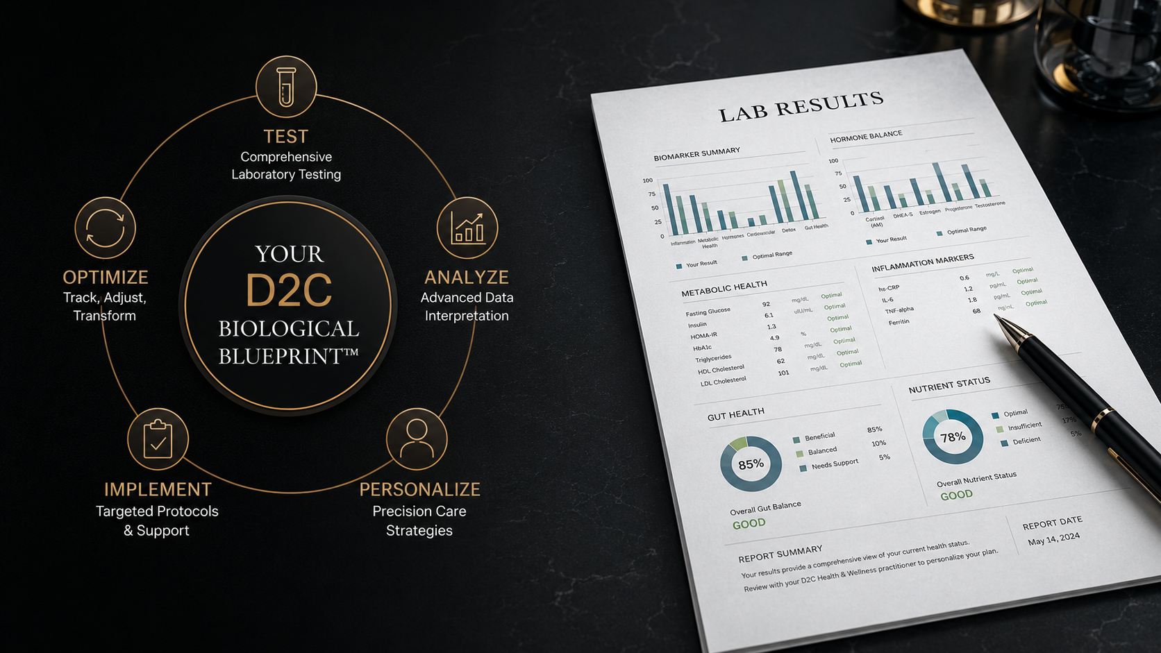D2C Biological Blueprint diagram alongside a lab results report for advanced diagnostic testing