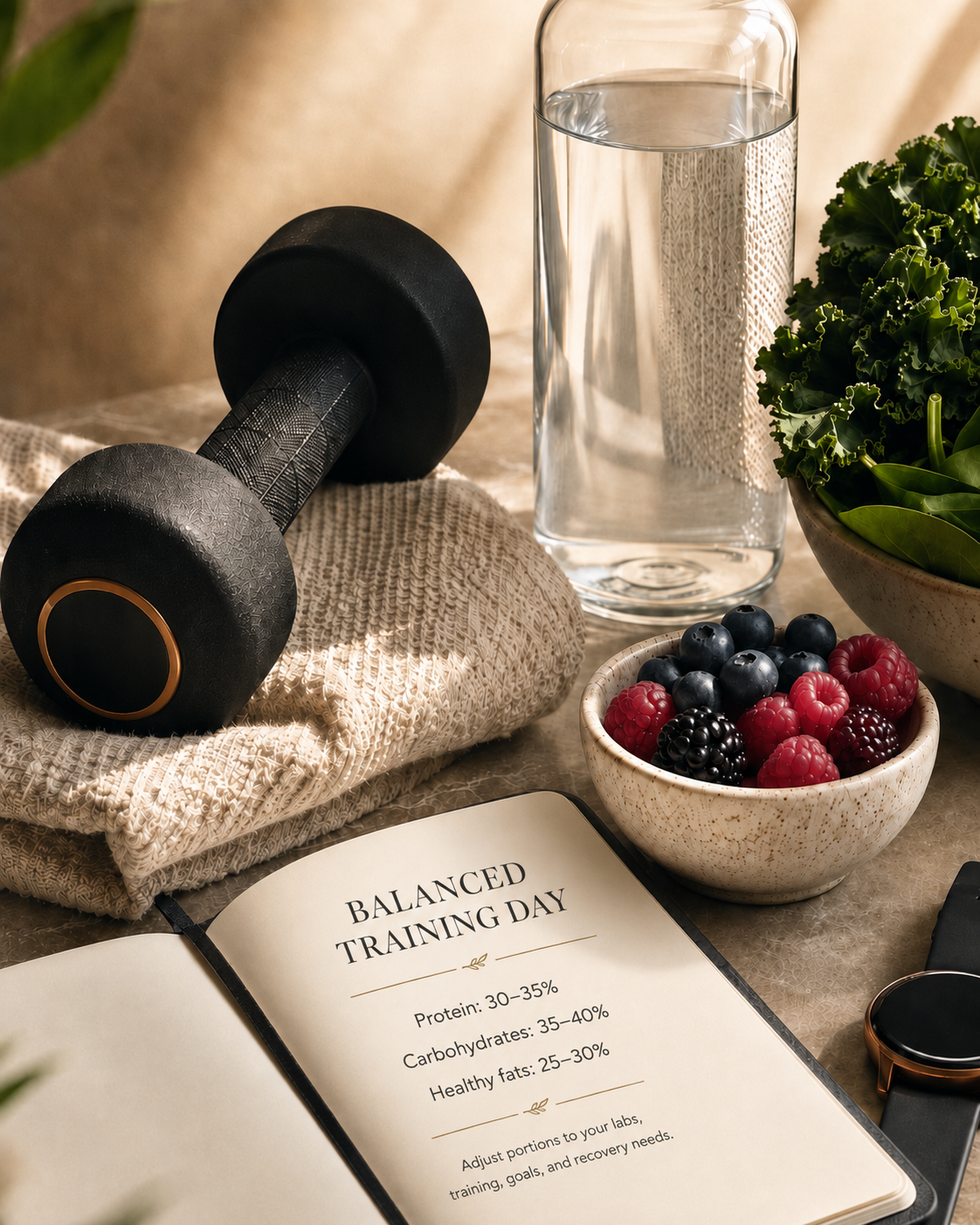 Personalized nutrition planning notebook, hydration, and training equipment