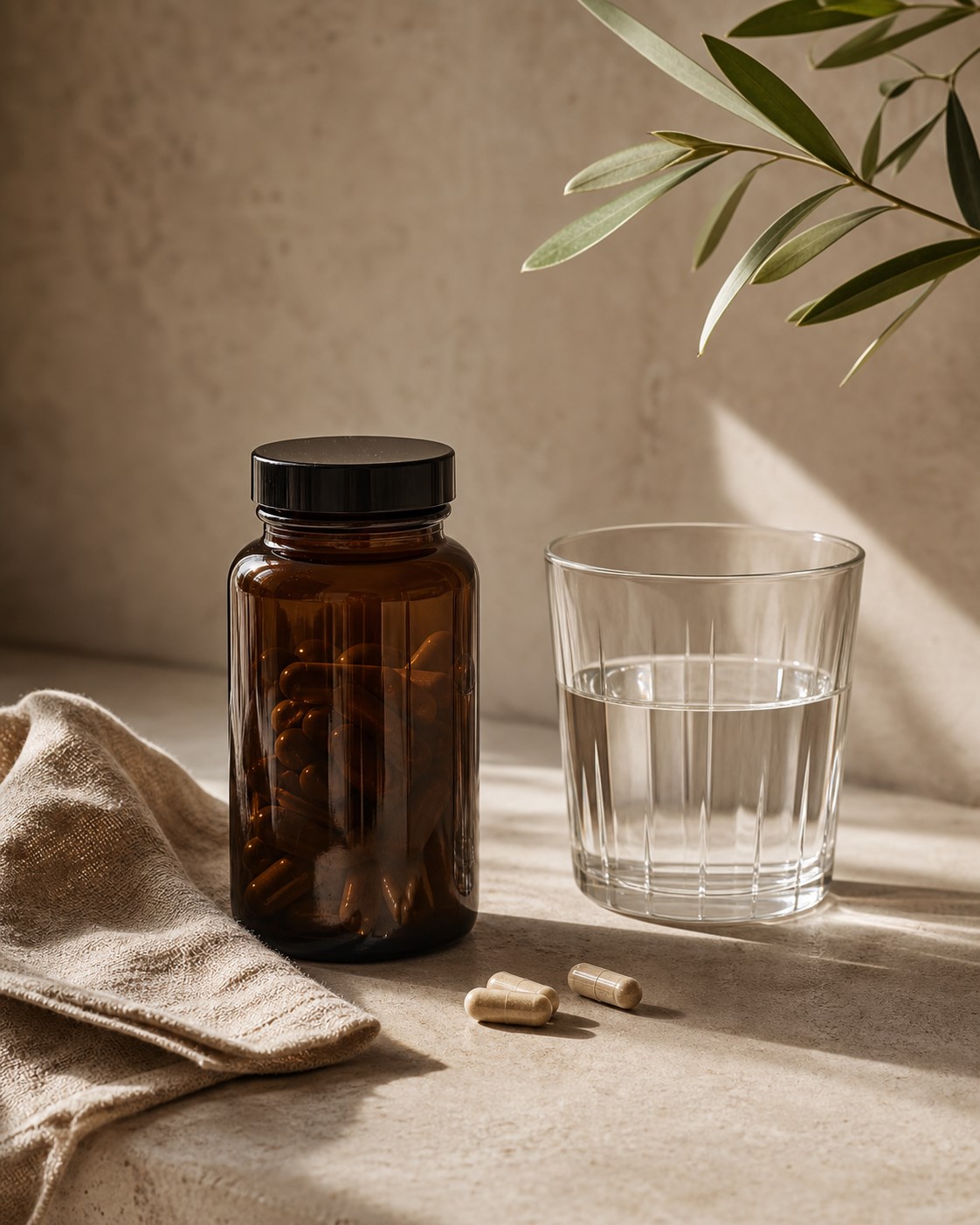 An amber supplement bottle, glass of water, capsules, linen, and olive leaves