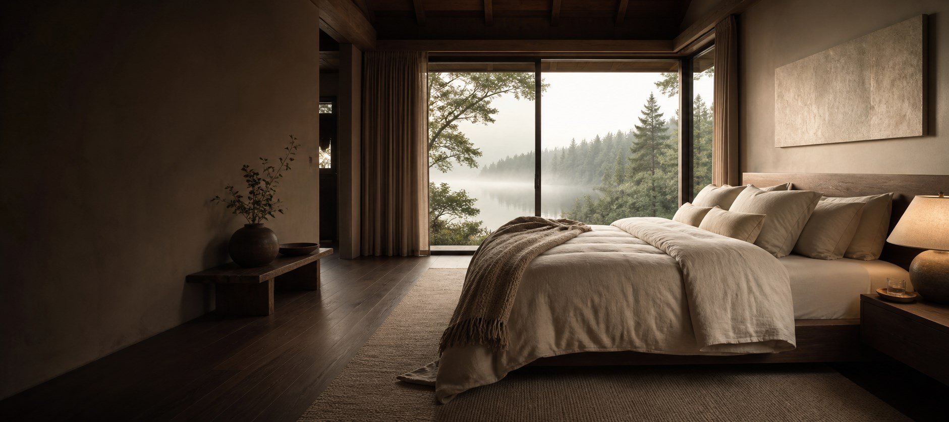 A peaceful luxury bedroom overlooking a misty lake and forest