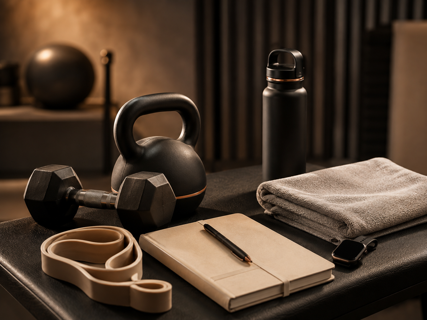 Fitness training essentials including kettlebell, dumbbell, notebook, towel, and water bottle